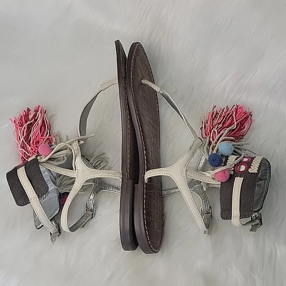 SAM EDELMAN Gere Western Fringe Pom‎ Pom Boho Hippie Gladiator Thong Sandals 8.5 - Picture 5 of 14